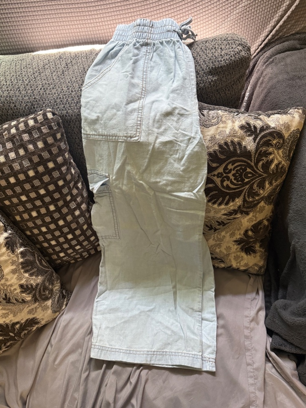 Light Wash Elastic Waist Cargo Pants - Pale Blue